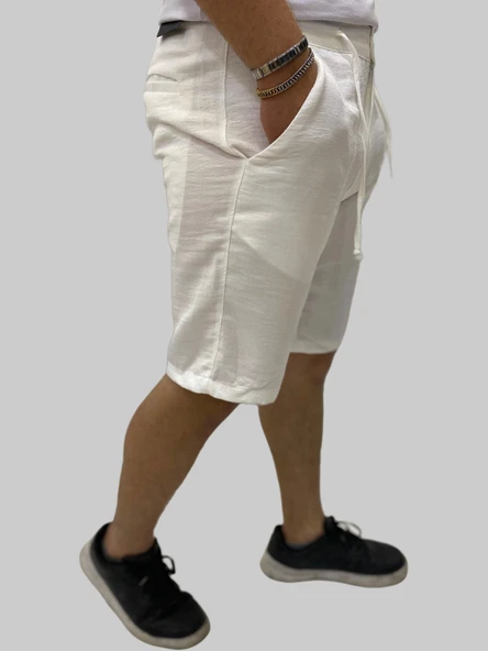 Erkek Sers Keten Beli Bağcıklı Regular Beyaz Şort&Kapri - 2