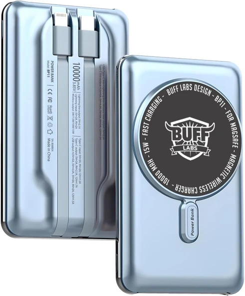 BUFF LABS BP11 10000 mAh Magsafe Uyumlu Dahili Kablolu Taşınabilir Manyetik Powerbank (Mavi) ürün görseli 1