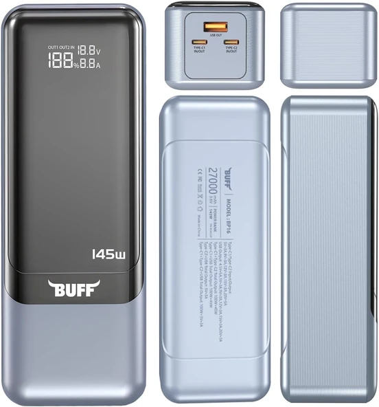 BUFF LABS BP16 145W Dijital Ekranlı 27000 mAh Powerbank, Laptop, Macbook, iPad Taşınabilir Hızlı Şarj Cihazı - Resim 2
