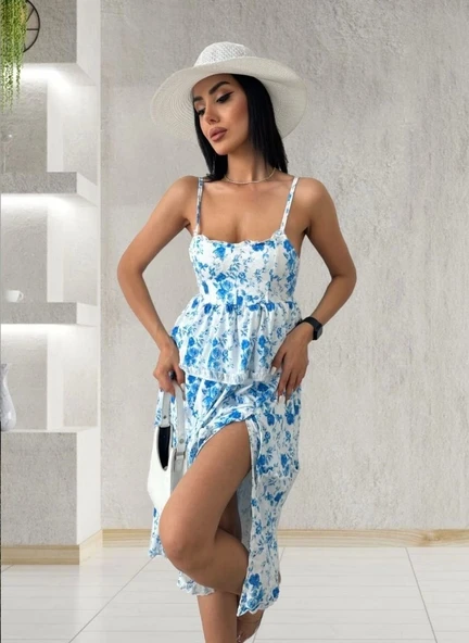 Kadın Sıfır Kol Askılı Dekolteli Yırtmaç Detay çiçek Baskılı Süprem Midi Elbise - 3