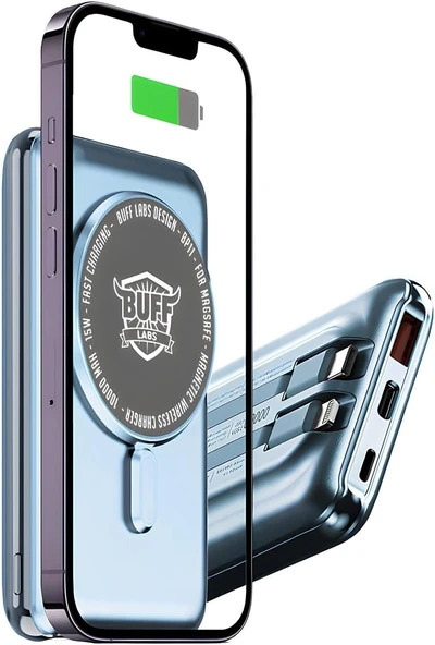 BUFF LABS BP11 10000 mAh Magsafe Uyumlu Dahili Kablolu Taşınabilir Manyetik Powerbank (Mavi) - Resim 3