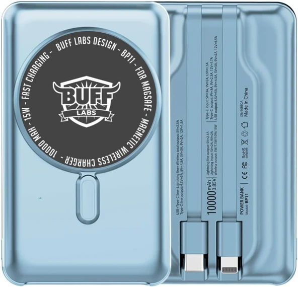 BUFF LABS BP11 10000 mAh Magsafe Uyumlu Dahili Kablolu Taşınabilir Manyetik Powerbank (Mavi) - Resim 2