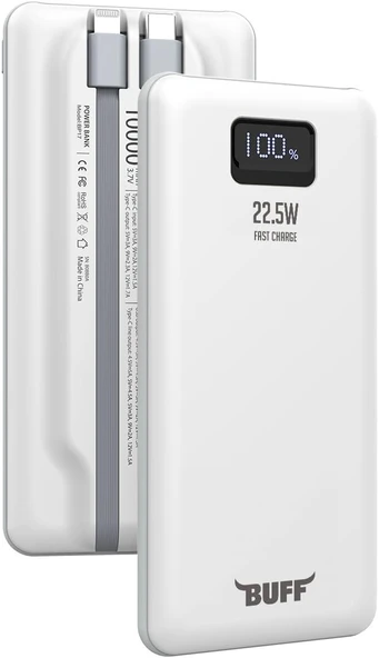 BUFF LABS BP17 22.5W 10.000Mah LCD Ekran Dahili Kablolu Taşınabilir Powerbank (Beyaz) - Resim 3