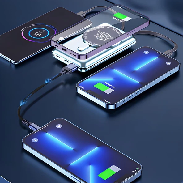 BUFF LABS BP11 10000 mAh Magsafe Uyumlu Dahili Kablolu Taşınabilir Manyetik Powerbank (Mavi) - Resim 4