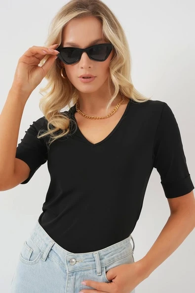 V Yaka Kısa Kol Basic Bluz 955 - Siyah - 3