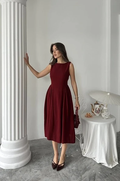 Bordo Yanları Büzgülü Midi Boy Keten Elbise - 3