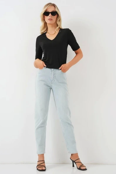 V Yaka Kısa Kol Basic Bluz 955 - Siyah - 2