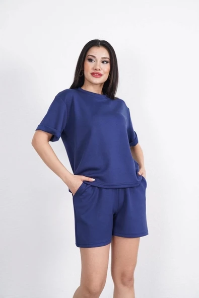 Osy Modal Yumuşak Dokulu Kumaş Bisiklet Yaka T-shirt Kısa Şort İkili Takım - Mavi - 2