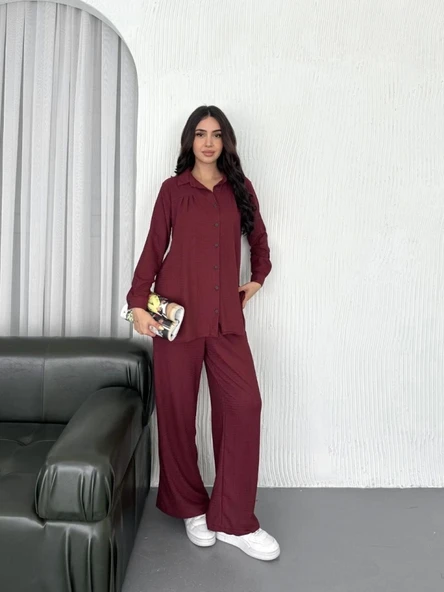 Yakalı Düğmeli Uzun Kollu Gömlek Pantolon Ikili Takım - Bordo - 4