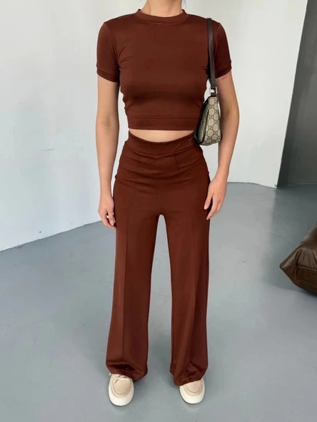 Osy Modal Yumuşak Dokulu Kumaş Kısa Kollu Crop Rahat Pantalon Ikili Takım - Kahverengi - 3