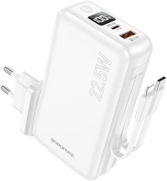 Coverzone Borofone 10000mAh Powerbank, Avrupa ve Amerika Adaptörlü Güç Bankası, iPhone ile Uyumlu Şarj Seviyesi Led Gösterli Kompak ve Modern Tasarım BJ39 ürün görseli