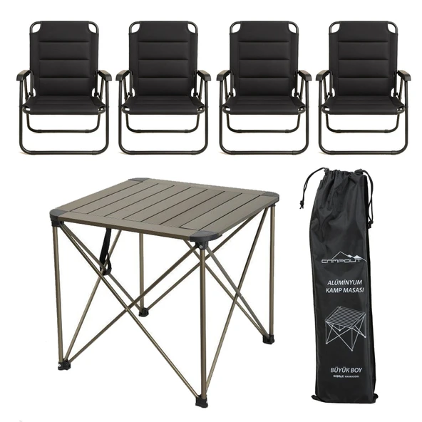 YekOutdoor Katlanabilir Büyük Alüminyum Kamp Masası ve 4 Kişilik Konforlu Kamp Sandalyesi Seti