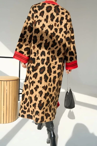 Uzun Leopar Hırka - Camel-Kırmızı - 4