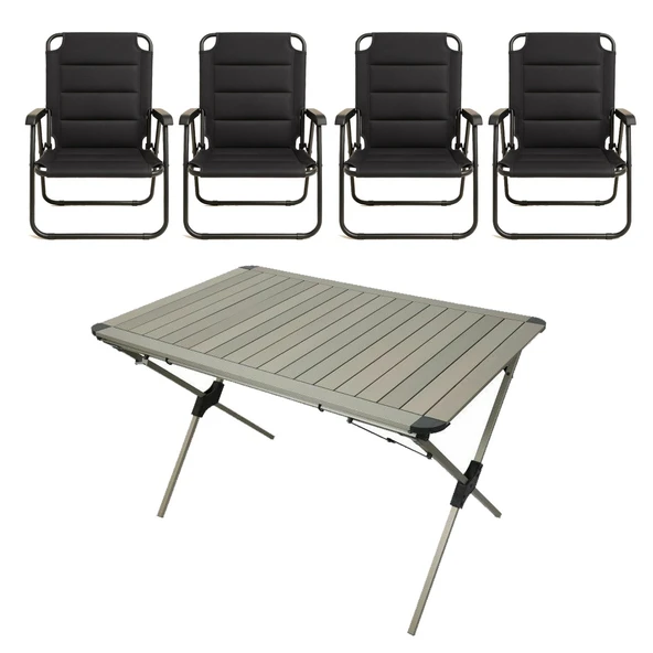 YekOutdoor Katlanabilir Alüminyum Kamp Masası ve 4 Kişilik Konforlu Kamp Sandalyesi Seti
