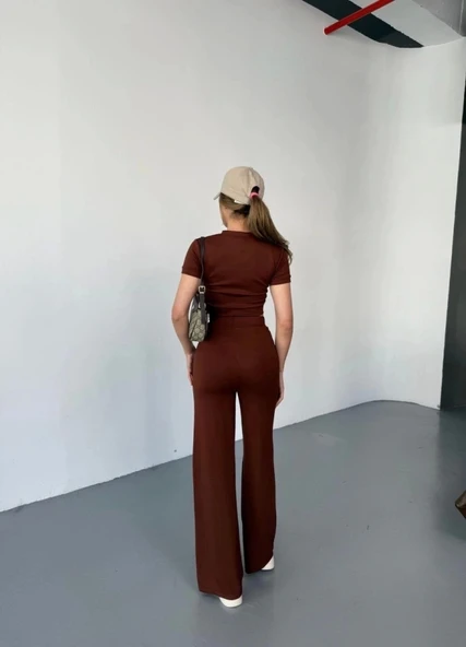 Osy Modal Yumuşak Dokulu Kumaş Kısa Kollu Crop Rahat Pantalon Ikili Takım - Kahverengi - 2