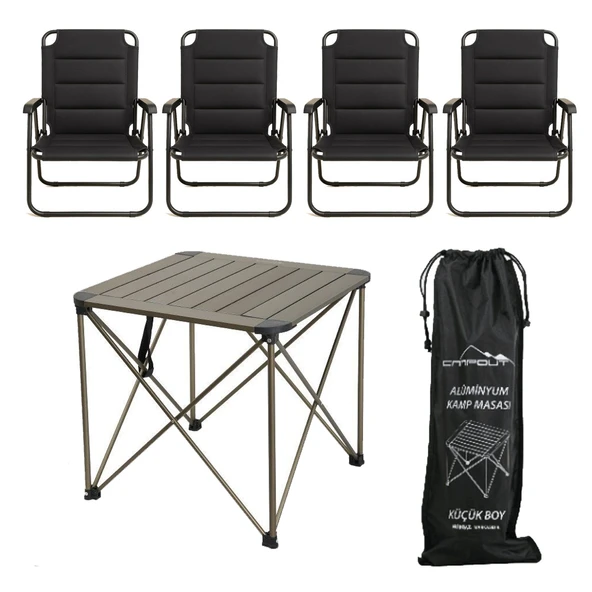 YekOutdoor Katlanabilir Küçük Alüminyum Kamp Masası ve 4 Kişilik Konforlu Kamp Sandalyesi Seti