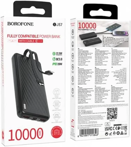 Coverzone Borofone 10000mAh PD20W 22.5W QC3.0 37Wh Dahili Kablolu Güç Bankası Powerbank iPhone ile Uyumlu Şarj Seviyesi Led Gösterli Kompak ve Modern Tasarım - Resim 2