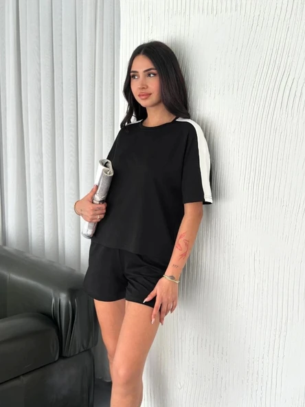 Osy Modal Yumuşak Dokulu Kumaş Parçalı Bisiklet Yaka T-shirt Kısa Şort İkili Takım - Siyah - 3