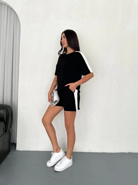 Osy Modal Yumuşak Dokulu Kumaş Parçalı Bisiklet Yaka T-shirt Kısa Şort İkili Takım - Siyah - 4