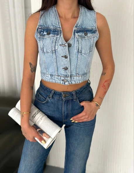 Kot Jeans Yelek - Buz Mavisi - 2