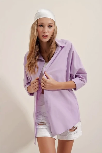 3900 Oversize Uzun Basic Gömlek - Lila - 2