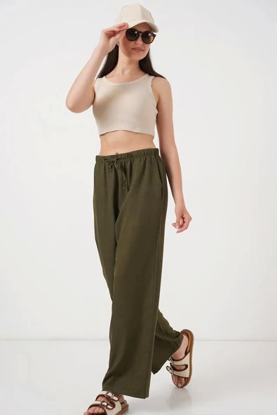 Geniş Paça Keten Pantolon 6735 - Haki