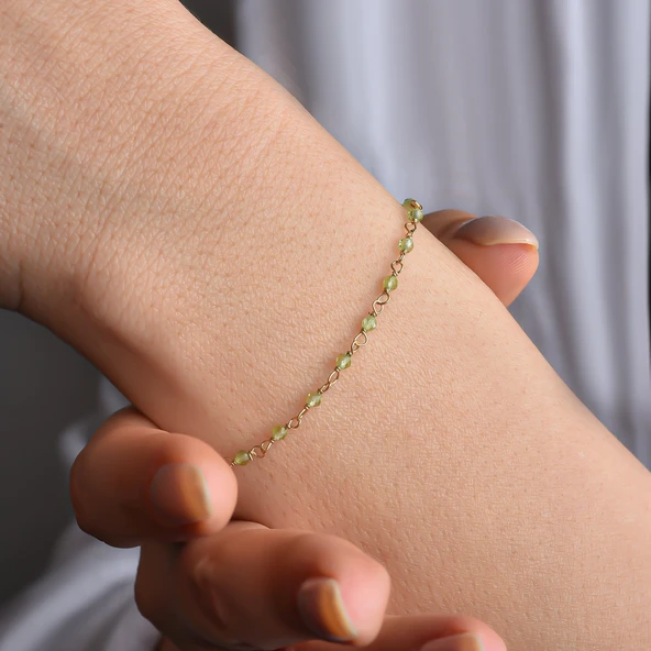 14 Ayar Altın Kaplama Peridot Doğal Taşlı El Yapımı Gümüş Bileklik - CBS00123 - Resim 3