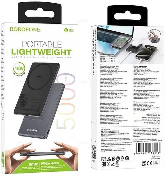 Coverzone Borofone 5000mAh 20W, Kablosuz Şarj Desteği MagSafe ile Uyumlu Güç Bankası Powerbank iPhone ile Uyumlu Şarj Seviyesi Led Gösterli Kompak ve Modern Tasarım BJ50 - Resim 4