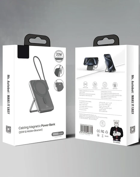 Coverzone Magsafe Uyumlu Powerbank PD20W Dahili Type-C Kablolu Dijital Göstergeli 10000 mAh Kablosuz Şarj iPhone 16 Uyumlu Güç Bankası CDB001 (Siyah) - Resim 2