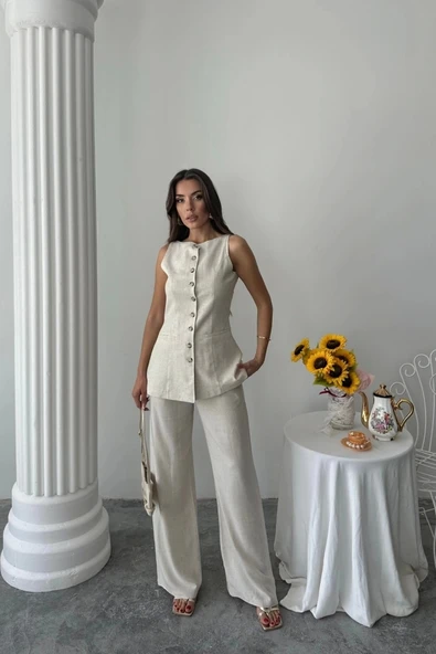 KETEN YELEK - PANTOLON TAKIM - Taş - 4
