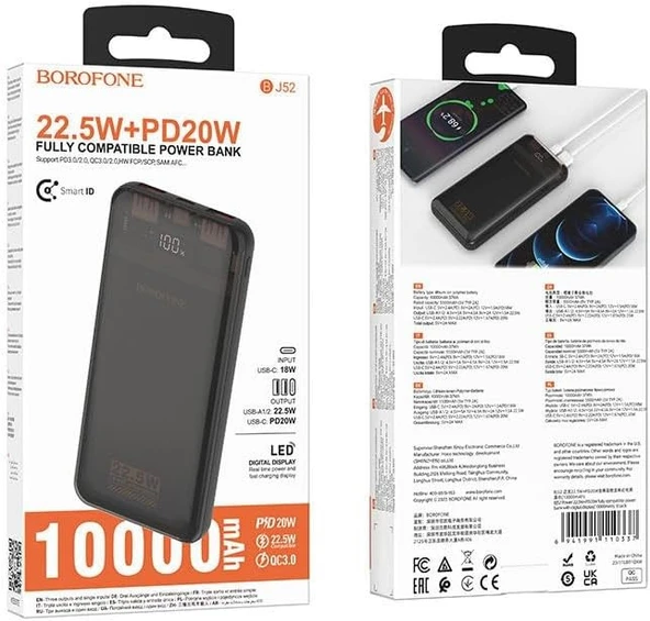 Coverzone Borofone 10000mAh 22.5W + PD20W Fully Compatible Güç Bankası Powerbank iPhone ile Uyumlu Şarj Seviyesi Led Gösterli Kompak ve Modern Tasarım Güç Bankası BJ52 - Resim 3