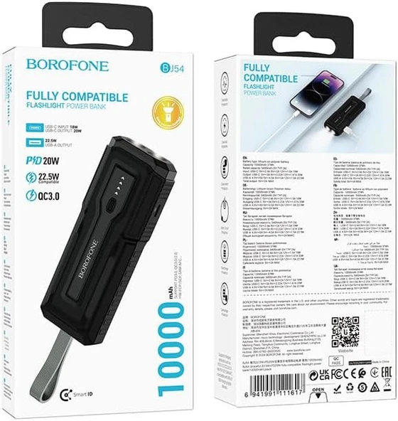 Coverzone Borofone 10000mAh PD20W 22.5W QC3.0 37 Wh Dahili Fener Güç Bankası Powerbank iPhone ile Uyumlu Şarj Seviyesi Led Gösterli Kompak ve Modern Tasarım BJ54 - Resim 2