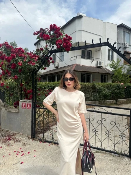 Kısa Kollu Uzun Yandan Yırtmaçlı Elbise - Beyaz - 2