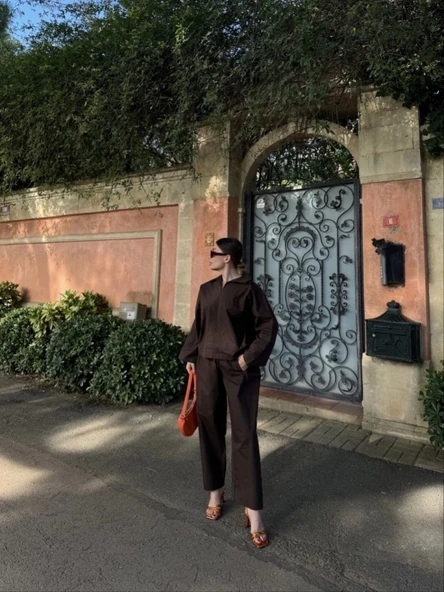 Uzun Kollu Yakalı Gömlek Pantalon Takım- Kahverengi