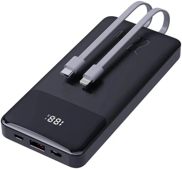 Coverzone Dunspin Led Ekranlı Powerbank 10000mAH Dahili Type-C Kablo Dahili Lightning Kablo iPhone Uyumlu Güç Bankası Şarj Cihazı (W19 10000mAh - Siyah) ürün görseli 1