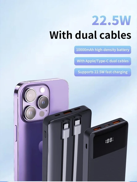 Coverzone Dunspin Led Ekranlı Powerbank 10000mAH Dahili Type-C Kablo Dahili Lightning Kablo iPhone Uyumlu Güç Bankası Şarj Cihazı (W19 10000mAh - Siyah) - Resim 2