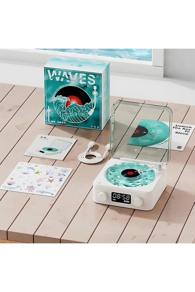 Waves Nostalji Plak Görünümlü Bluetooth Hoparlör 3d Ses Dalgası Retro Müzik Plak Mavi