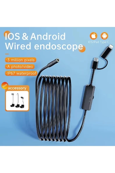 5 Metre Endoskop Yılan Video Kamera Ios Ve Android Uyumlu Led li 8 Mm Sert Kablo 2mp - 2