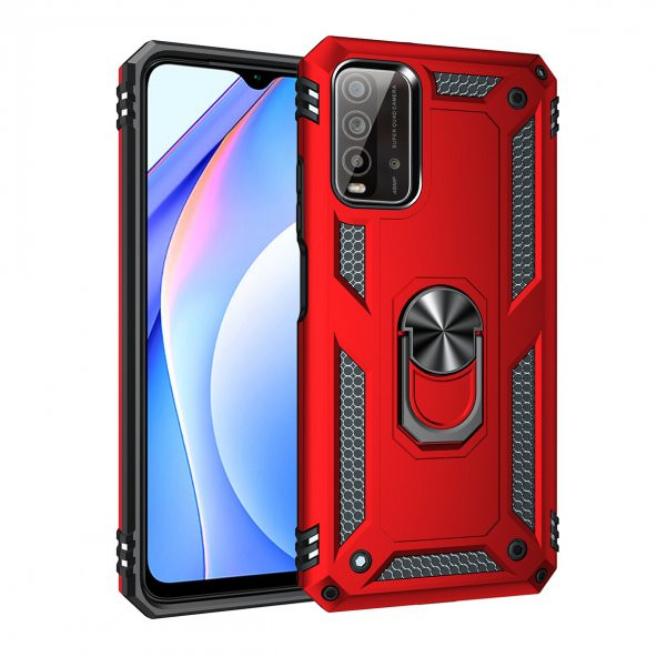 KNY Xiaomi Redmi 9T Kılıf Yüzüklü Manyetik Ultra Korumalı Vega Kapak Kırmızı