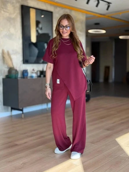 Kadın Kısa Kollu Bisiklet Yaka Asimetrik Viskon Iki Iplik Bluz Ve Pantolon Ikili Takım - 8