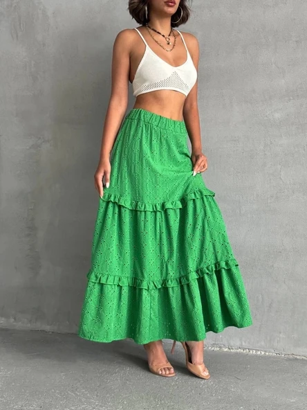 Fırfırlı brodeli astarlı uzun etek yeşil s255047