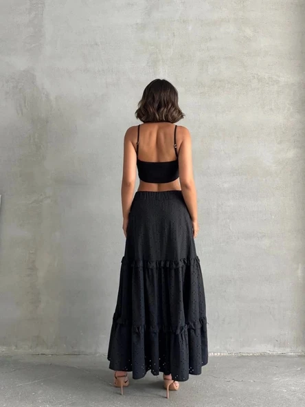 Fırfırlı brodeli astarlı uzun etek siyah s255047 - 5
