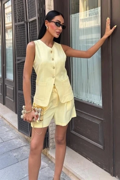 Gold Düğme Detaylı Yelek Şort Cotton Takım 10208 - 2