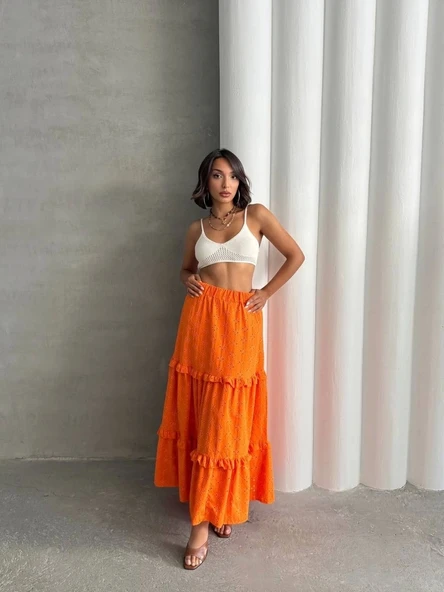 Fırfırlı brodeli astarlı uzun etek turuncu s255047 - 5