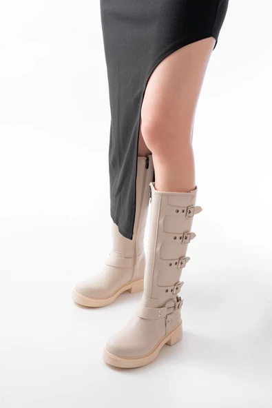 02-346 Bej Düz Topuklu Günlük Bayan Binici Çizme - Resim 5