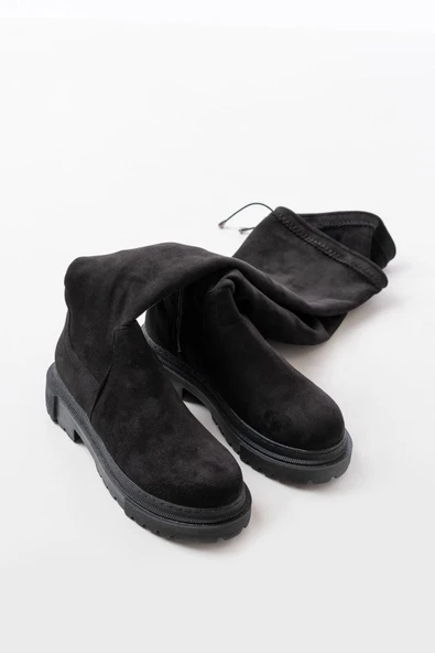 812-2194 Siyah Süet Fermuarlı Diz Üstü Bağcıklı Çorap Günlük Kadın Çizme - Resim 5