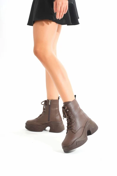 FZ-2550 Kahverengi Yüksek Tabanlı Bağcıklı Fermuarlı Günlük Kadın Bot - Resim 2