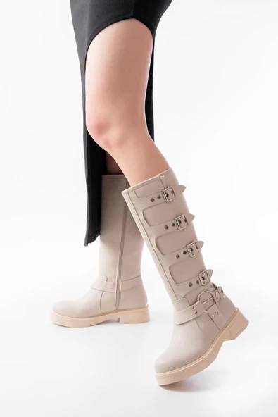 02-346 Bej Düz Topuklu Günlük Bayan Binici Çizme ürün görseli 1