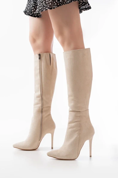 LS-226 Bej Süet Fermuarlı Lastikli İnce Yüksek Topuklu Kadın Çizme - Resim 3