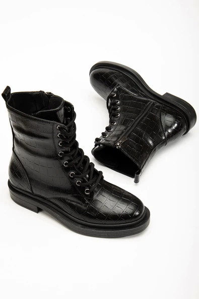2024-2289 Siyah Kroko Bağcıklı Fermuarlı Günlük Kadın Bot - Resim 3